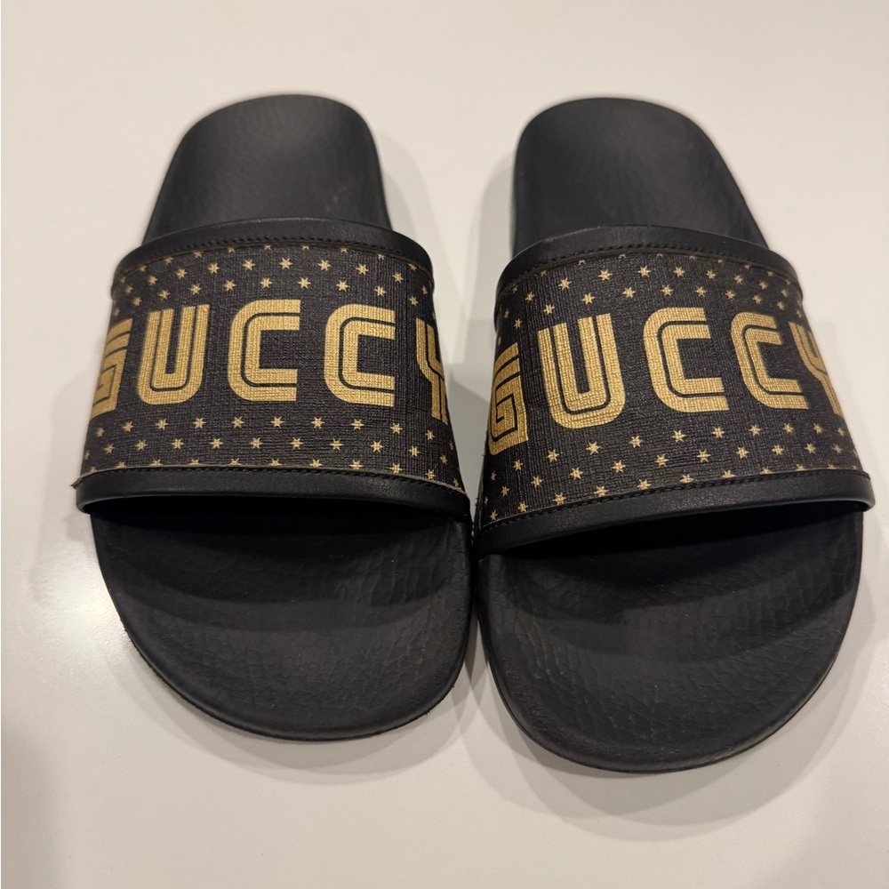 Gucci Black and Gold Star Slides